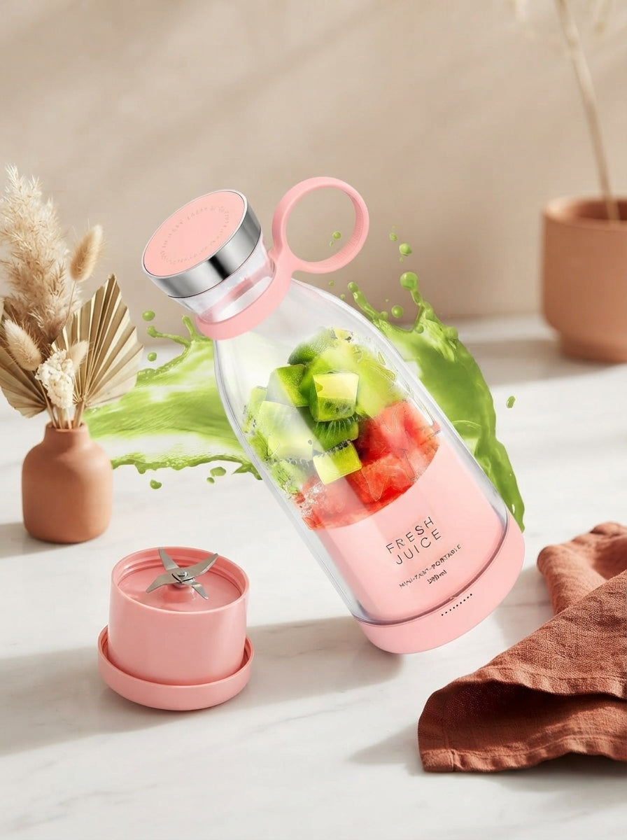 A portable USB rechargeable blender on a white marble surface with terracotta and burnt sienna decor elements.